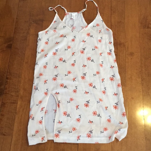 Satin white dress with orange flowers with a slit - Picture 1 of 1